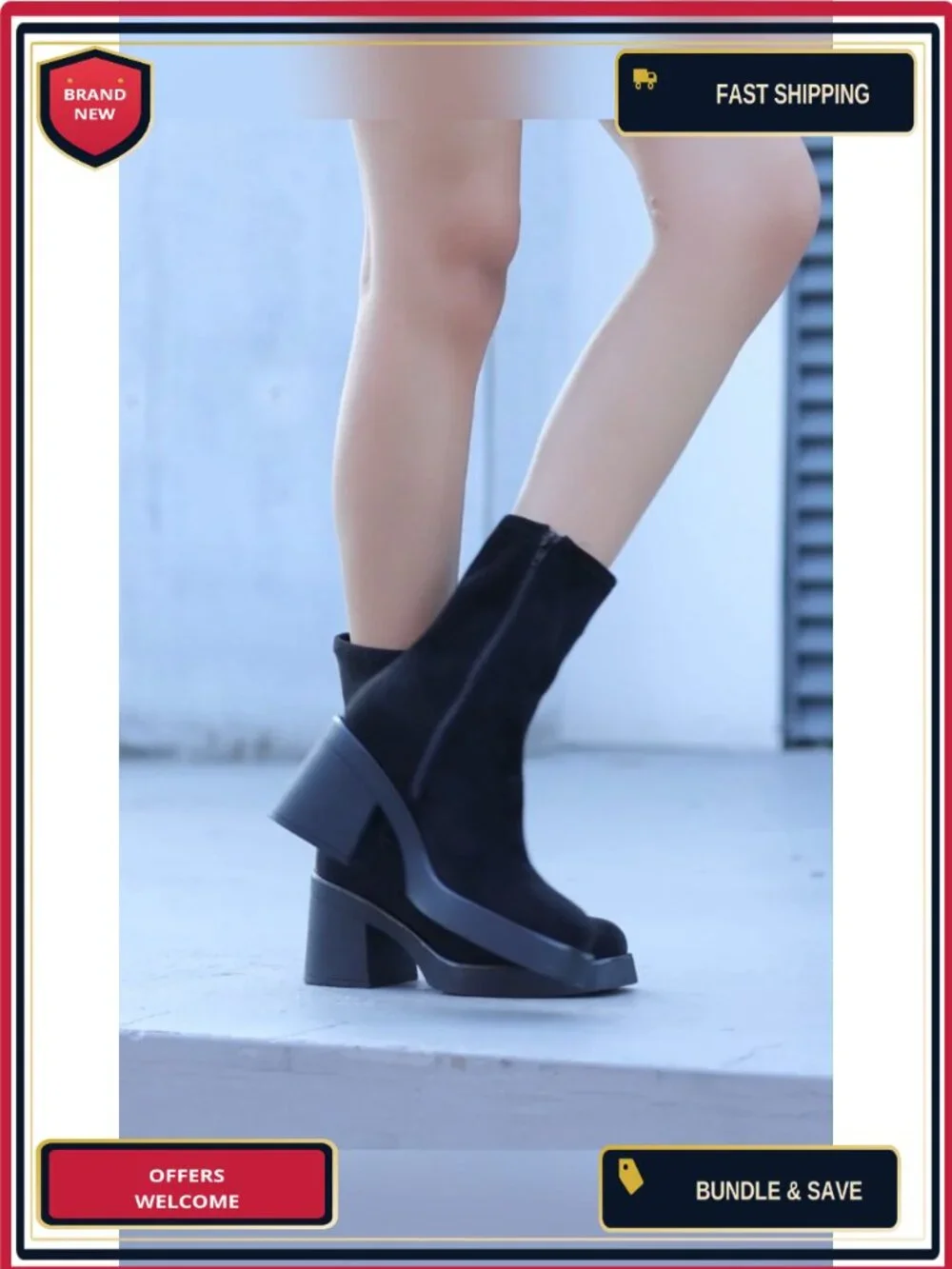 Women's Square Toe Suede Mid Calf Boots Chunky Block Heeled Ankle Bootie Side